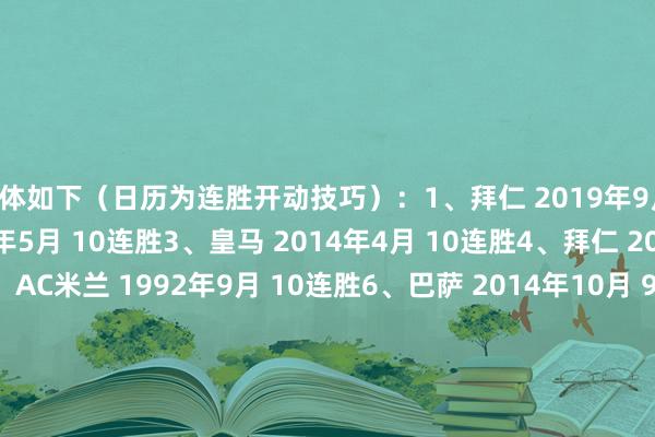具体如下（日历为连胜开动技巧）：1、拜仁 2019年9月 15连胜2、曼城 2023年5月 10连胜3、皇马 2014年4月 10连胜4、拜仁 2013年4月 10连胜5、AC米兰 1992年9月 10连胜6、巴萨 2014年10月 9连胜7、巴萨 2002年9月 9连胜8、拜仁 2022年9月 8连胜9、多特 1996年12月 8连胜10、阿森纳 2025年9月 7连胜11、皇马 2024年12月 7连胜12、利物浦 2024年9月 7连胜13、皇马 2023年9月 7连胜14、利物浦 2021年9月 7连胜15、拜仁 2021年4月 7连胜    体育最新信息