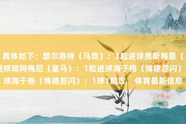 具体如下:瑟尔洛特(马竞):3粒进球奥斯梅恩(加拉塔萨雷):1粒进球琼阿梅尼(皇马):1粒进球海于格(博德忽闪):1球1助攻 体育最新信息